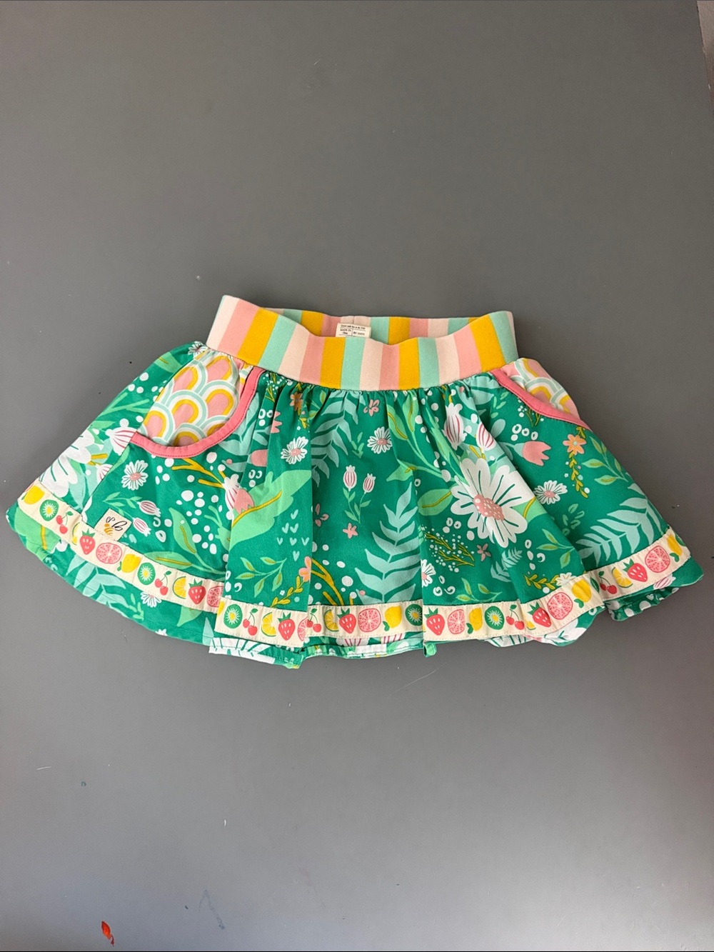 Wildflowers Green Floral Skirt with Rainbow Stripe Waistband